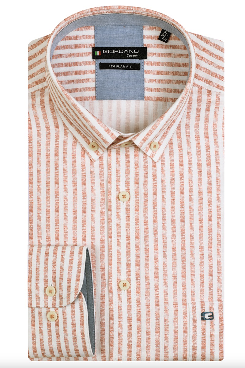 Giordano Ivy, LS Button Down Cotton Linen Stripe Print Bruin/Beige-1 1