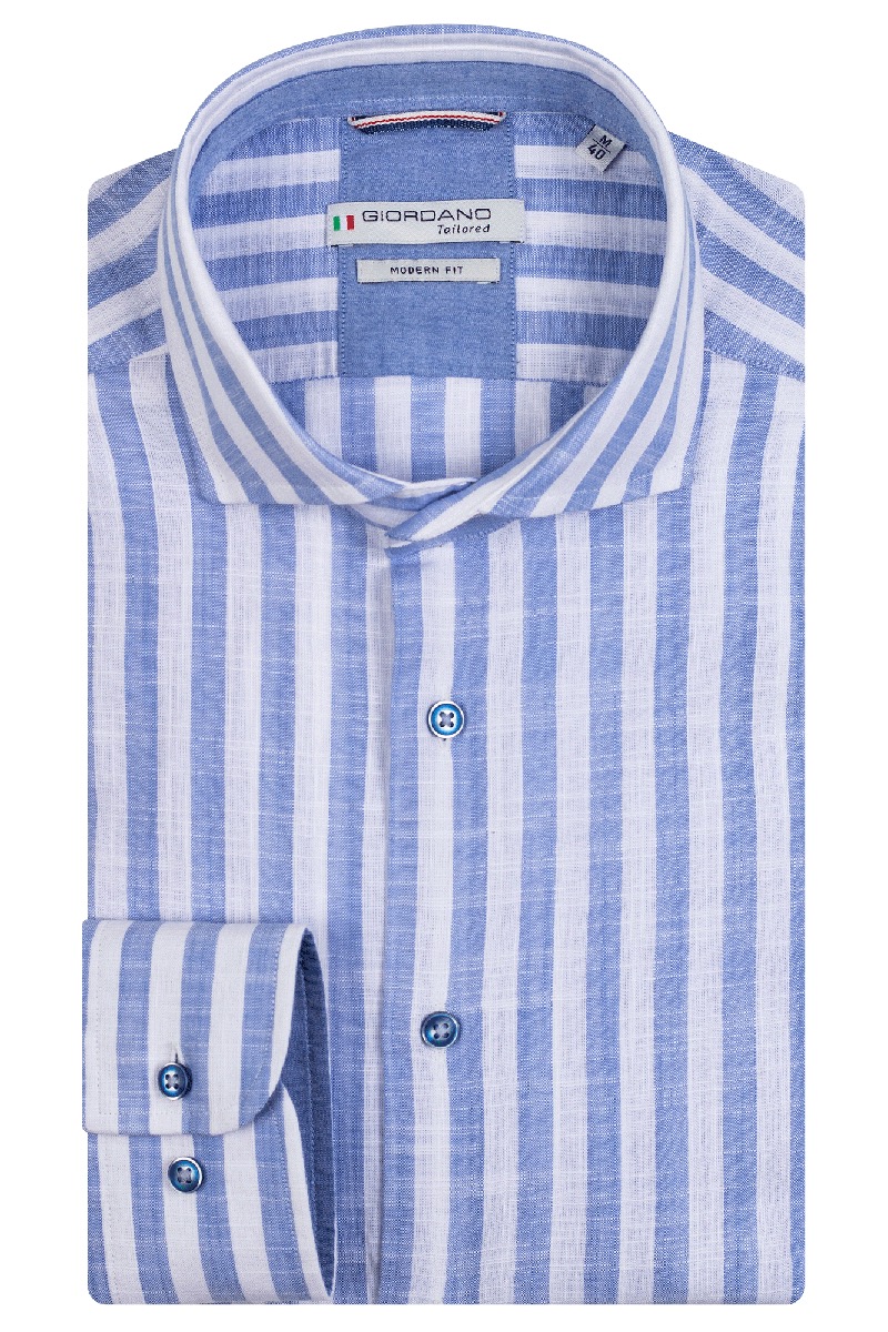 Giordano Row, LS Cutaway Cotton Slub Stripe Blauw-1 1