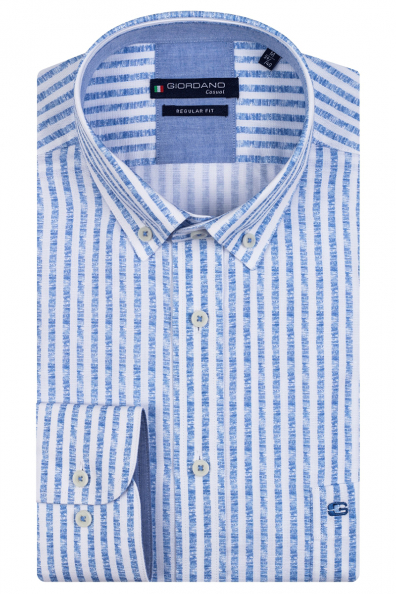 Giordano Ivy, LS Button Down Cotton Linen Stripe Print Blauw-1 1