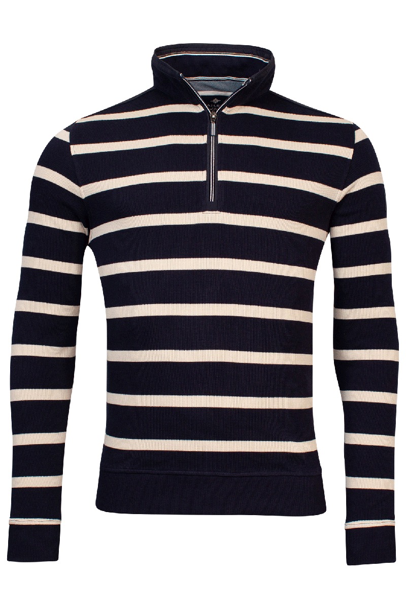 Baileys Sweater 1/2 Zip  Pique  Double Face  2-tone Stripe Blauw-1 1